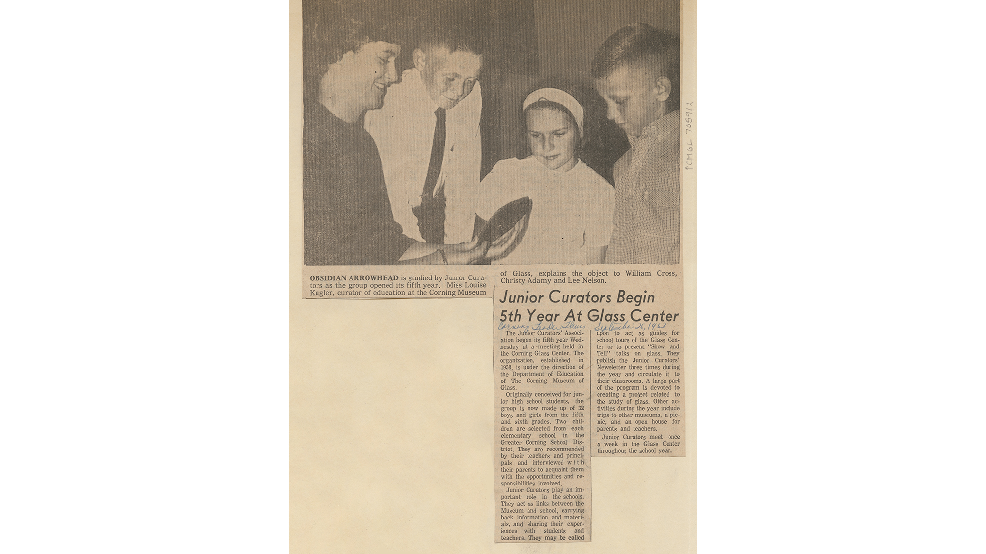 ‘Junior Curators Begin 5th Year at Glass Center,’ Corning Leader,  September 26, 1963, Corning Museum of Glass Education Department Junior Curators Program Records, CMOG RG10 S05