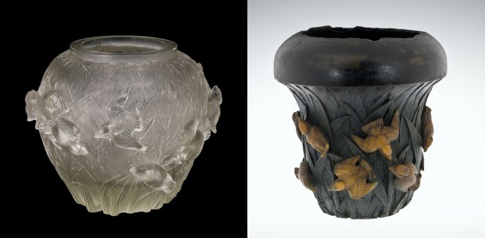 Left: Vase, Martins-pêcheurs sur fond de roseaux (Kingfishers on a background of reeds), dated 1930. Mold-blown glass using a cire perdue (lost wax) mold. H. 26.3 cm, Diam. 32.1 cm. (2011.3.188, gift of Elaine and Stanford Steppa)  Right: Model for a Vase, Martins-pêcheurs et roseaux (Kingfishers and reeds), dated 1932. Modeled and cast wax and Plasticine. H. 32.1 cm, Diam. 29.6 cm. (81.7.12)
