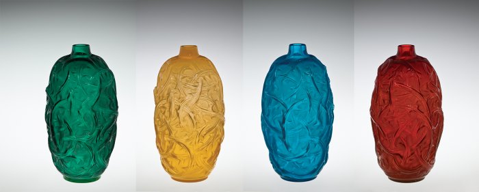 Four colors of the Vase, Ronces (Brambles), designed 1921. Mold-blown glass, acid-etched. H. 23.3 cm, Diam. 12.6 cm. (2011.3.223-.225, .420, gift of Elaine and Stanford Steppa)