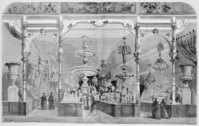 Fig. 2: View of the Baccarat display at the Paris World's Fair of 1867, with mammoth fountain in the center. From L'Exposition Universelle de 1867 illustrée: Publication internationale autorisée par la Commission Impériale, ed. Fr. Ducuing, Paris:the commission, 1867, v. 1, pp. 376-377. Juliette K. and Leonard S. Rakow Research Library of The Corning Museum of Glass, Corning, New York.