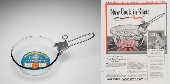 Flameware saucepan and Corning advertisement.