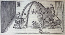 Woodcut plate illustration of men working at a furnace from De la pirotechnia