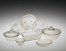 Eight of the first twelve pieces of Pyrex-brand ovenware.