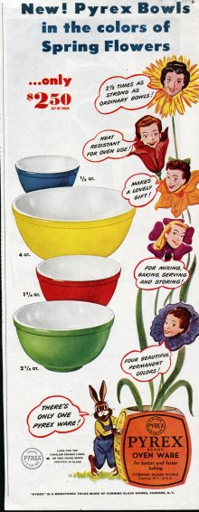 Corning advertisement for Pyrex “Primary Color” mixing bowls. 