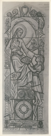 Stained glass cartoon of Jesus with two children, designed by Katharine Lamb Tait