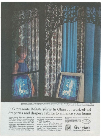 A 1961 Pittsburgh Plate Glass Company advertisement depicting the gemmail panel Voiles Heureuses (Happy Sailing), Danielle Dhumez (French, b. 1910, d. unknown), France, Paris, Les Gemmaux de France studio, about 1957, H: 63.5 cm x W: 53.5 cm.  Winner of the “prix du gemmail” in 1957. (93.3.12, gift of Pittsburgh Plate Glass Co.).  (Bib no. 131015)