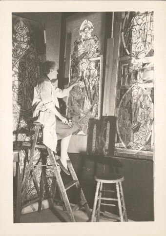 Katharine Lamb Tait working on a stained glass window