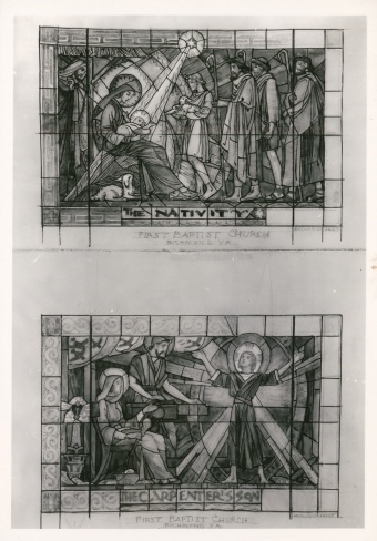 The Nativity and The carpenter's son stained glass cartoons, designed by Katharine Lamb Tait