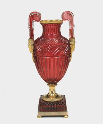 Fig. 3: Vase of ruby glass, blown, overlaid, cut, polished; gilded bronze mounts. Russia, St. Petersburg, Imperial Glassworks, about 1829, possibly made for the First Industrial Exposition of that year. H. 56 cm. The Corning Museum of Glass, Corning, New York (96.3.22).