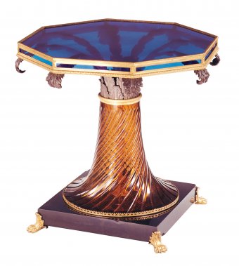 Figure 2. Glass table with gilded bronze mounts. Designed by Thomas-Jean de Thomon in 1808 and made at the Imperial Glassworks, St. Petersburg, Russia. H. 79 cm. (74.3.129), purchased with funds from the Museum Endowment Fund.