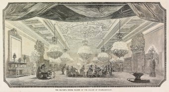 Fig. 1: Print showing the sultan's dining room in the Dolmabahçe Palace. From The Illustrated News of the World, January 28, 1860, p. 60. Juliette K. and Leonard S. Rakow Research Library of The Corning Museum of Glass, Corning, New York.