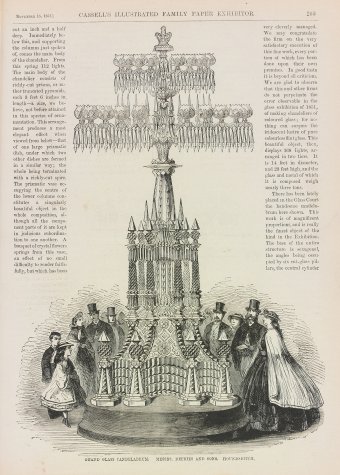 Fig. 1: "Grand Glass Candelabrum" by Defries, from Cassell's Illustrated Family Paper Exhibitor [note 2], p. 204. Juliette K. and Leonard S. Rakow Research Library of The Corning Museum of Glass, Corning, New York.