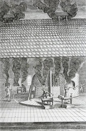 Fig. 1: Work at a glass furnace. Detail from Kunckel [note 4], plate E after page 62.