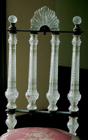 Fig. 8: Chair detail showing glass uprights and finials. Elias Palme, about 1895-1900. Dolmabahçe Palace, Istanbul Turkey.
