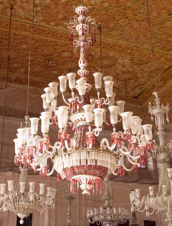 Fig. 8: Red cased chandelier in durbar hall at Qila Mubarak, Patiala. F. & C. Osler, probably 1870s.