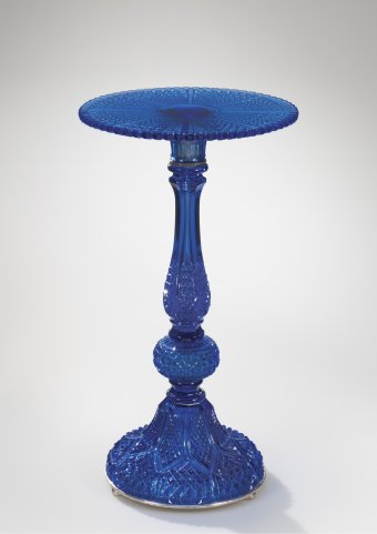 Fig. 18: Blue glass table, blown, cut; assembled on metal shaft marked "F. and C. Osler," 1880-1885. OH. 75.0 cm, Diam. (max.) 43.6 cm. The Corning Museum of Glass, Corning, New York (2005.2.11).
