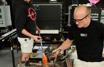 Glassmakers G Brian Juk and Annette Sheppard work with designer Michele Oka Doner at GlassLab in Corning, August 2012