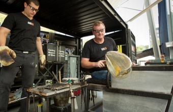 Glassmakers George Kennard and Tom Ryder work with Harry Allen and Chris Hacker at GlassLab in Corning, August 2012